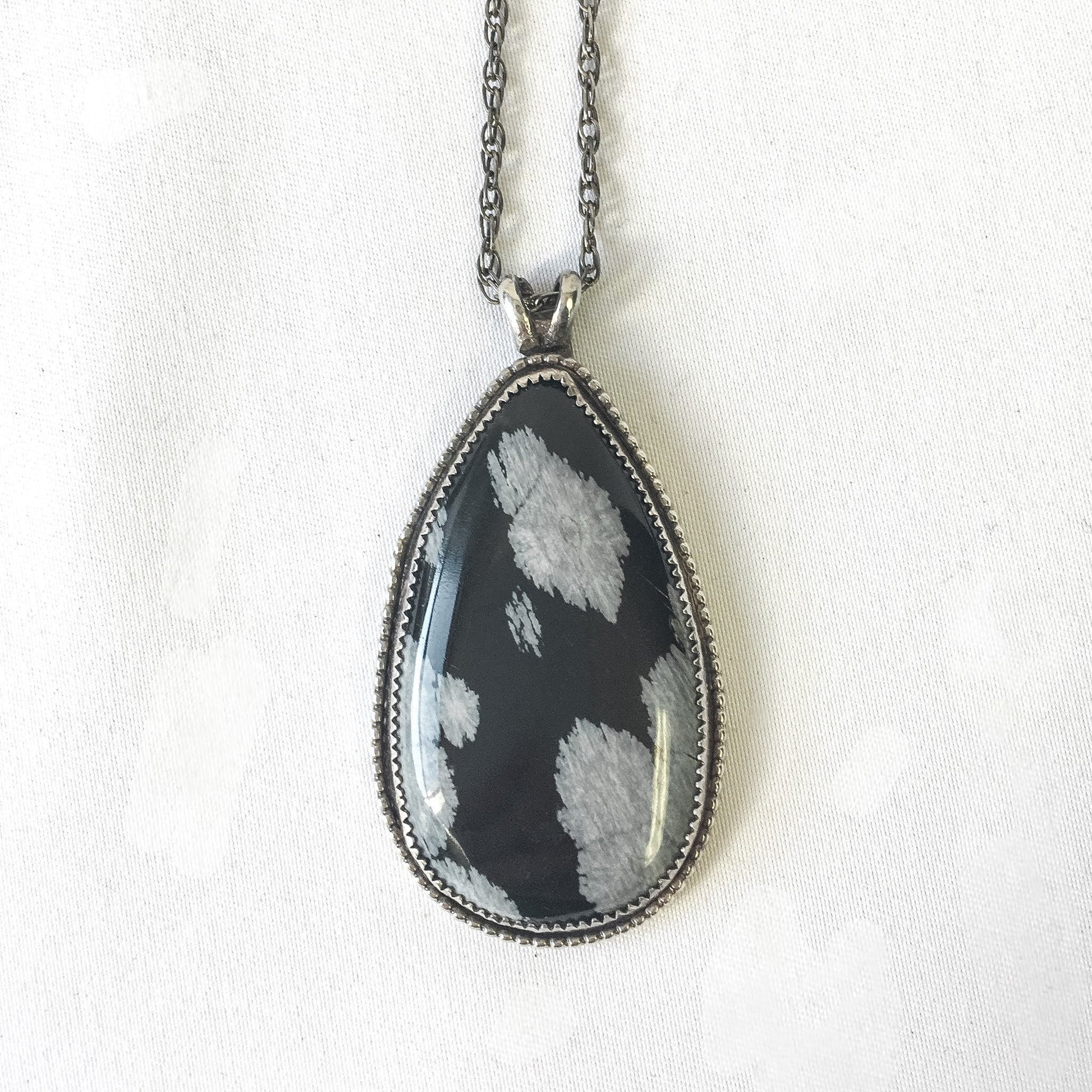 Vintage Native Sterling Black and Gray Snowflake Obsidian Teardrop Necklace Marked JB