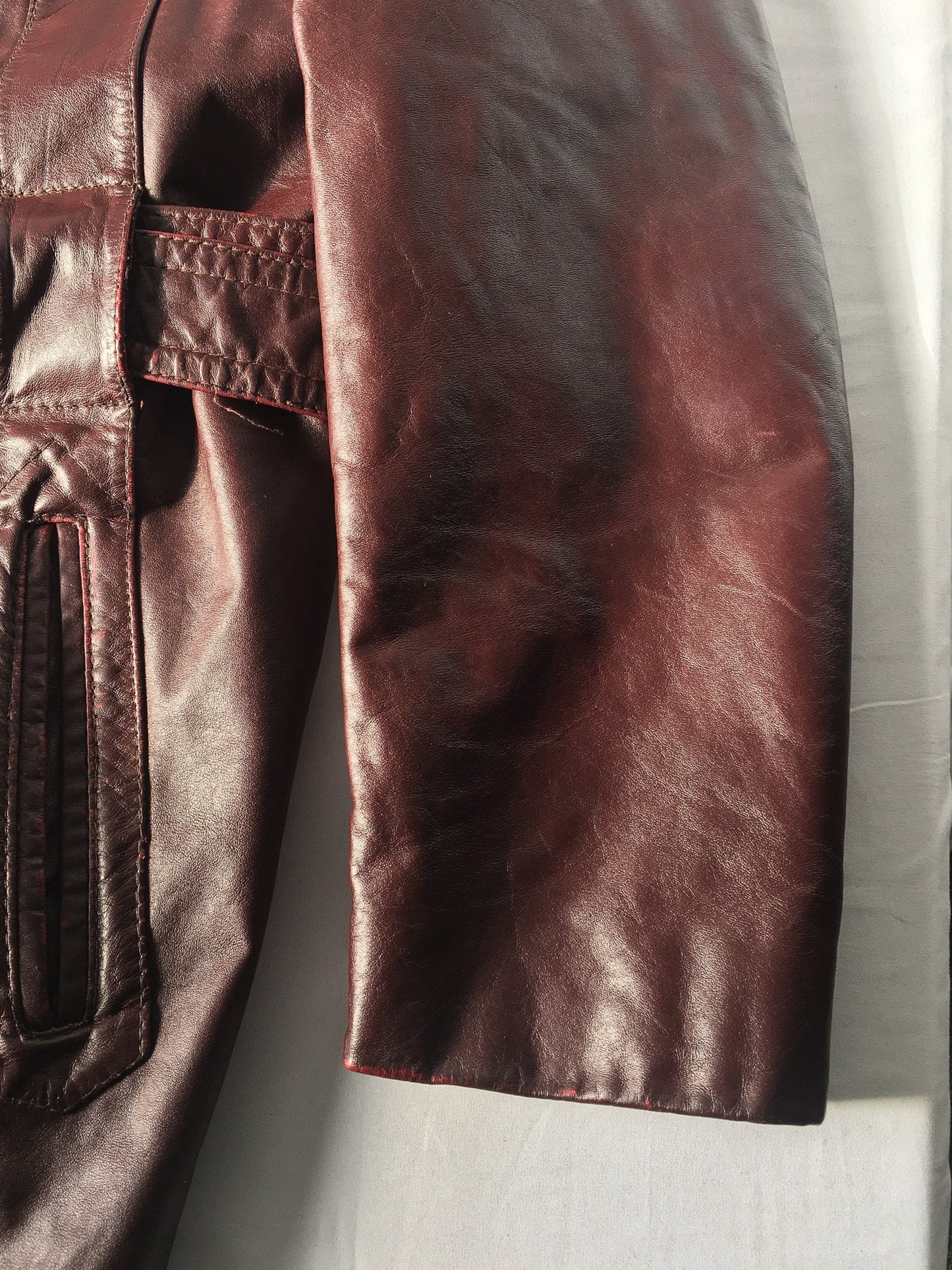 Vintage 70s Shaino's Burgundy/Dark Red Leather Jacket with Adjustable Belt, 1970s Genuine Leather Jacket, Sz. 44