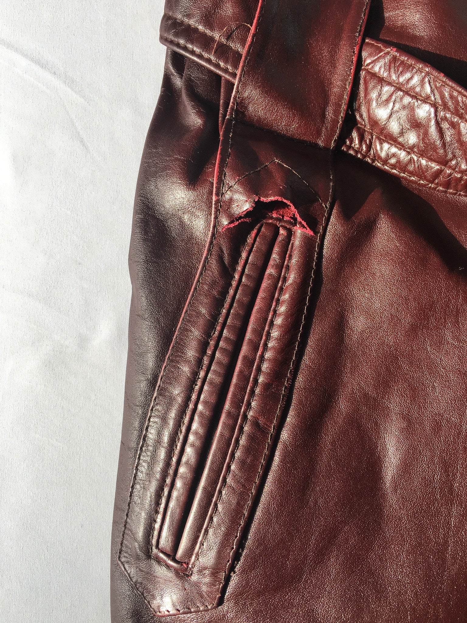 Vintage 70s Shaino's Burgundy/Dark Red Leather Jacket with Adjustable Belt, 1970s Genuine Leather Jacket, Sz. 44