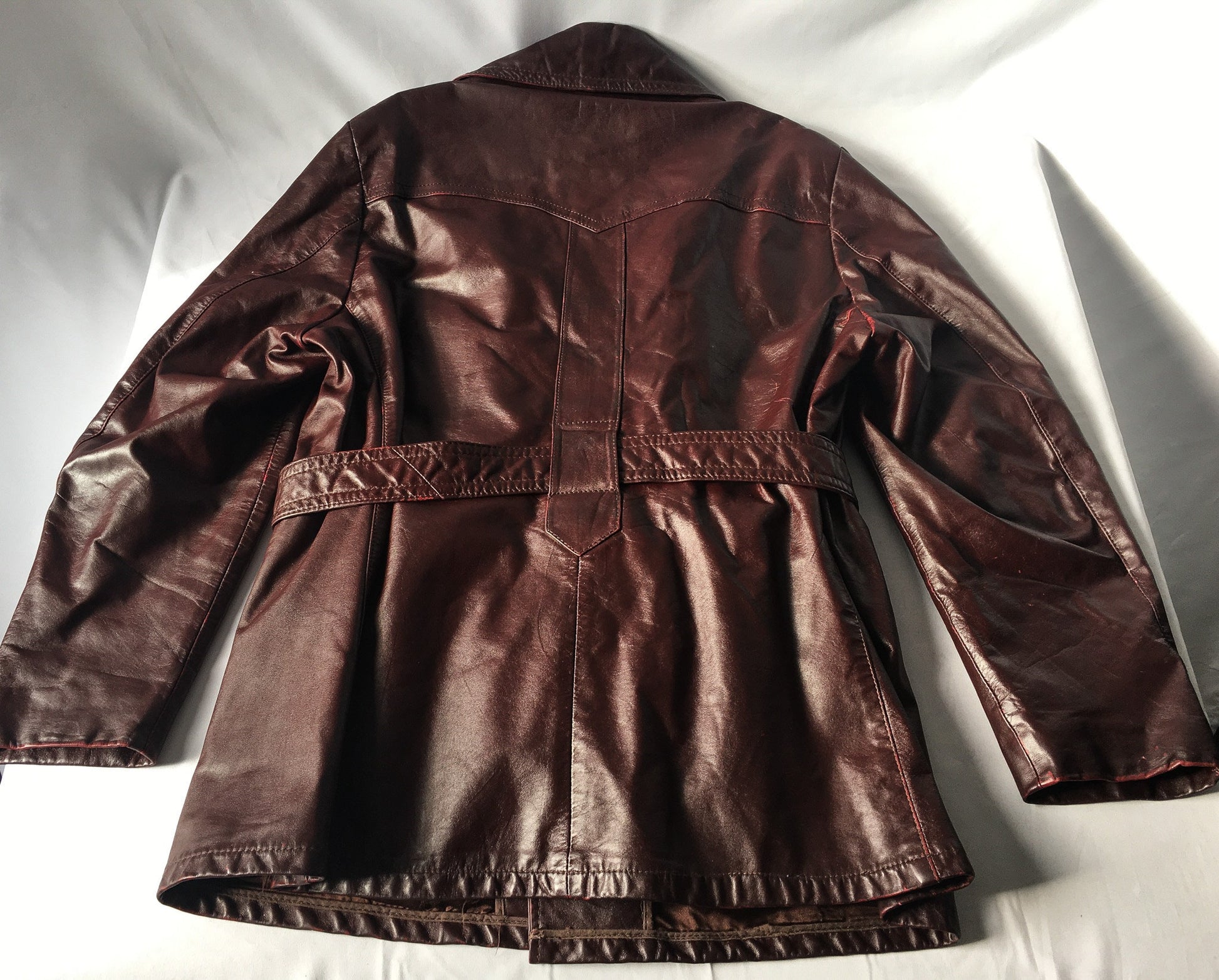 Vintage 70s Shaino's Burgundy/Dark Red Leather Jacket with Adjustable Belt, 1970s Genuine Leather Jacket, Sz. 44