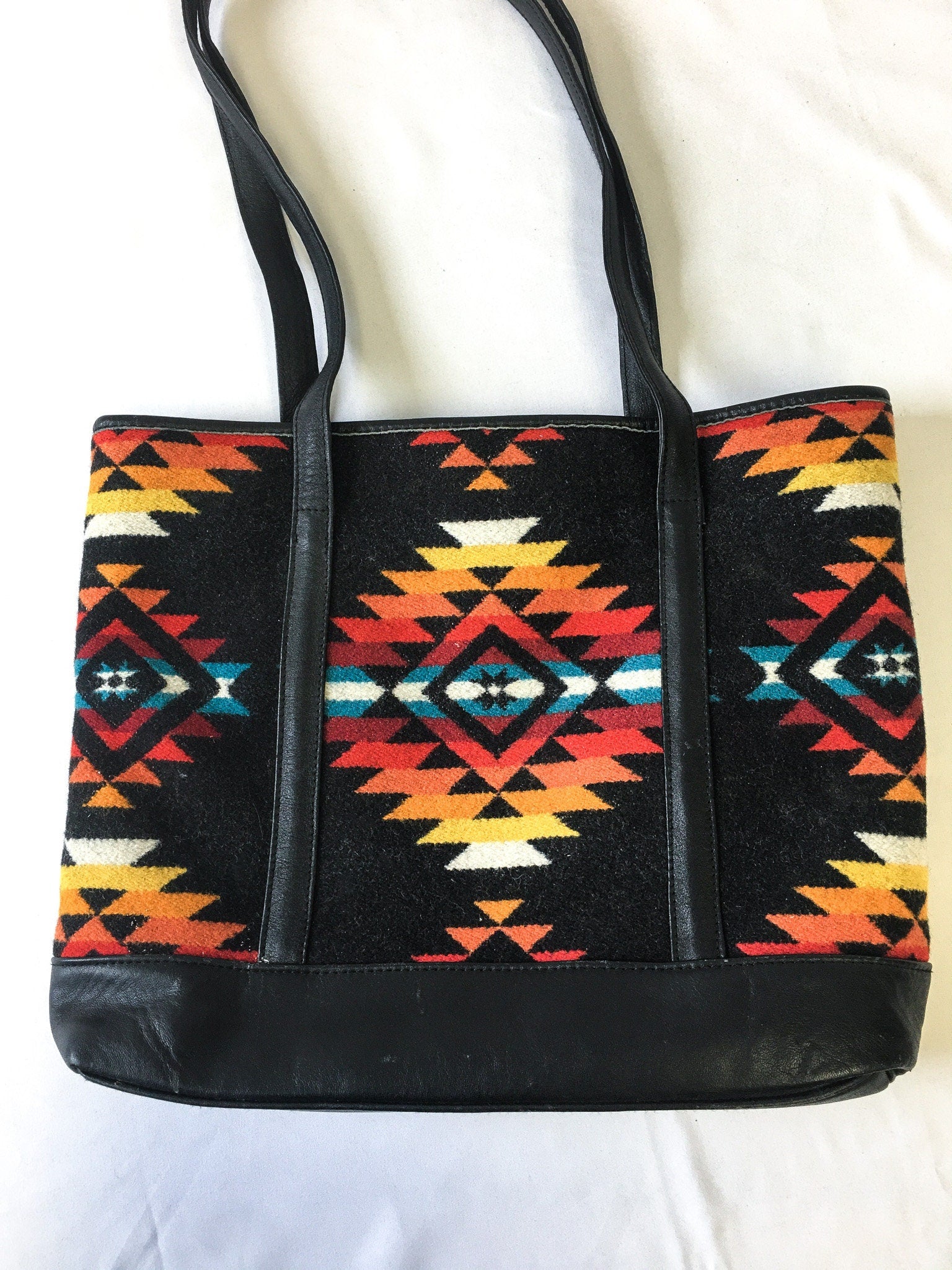 Vintage Pendleton Wool Black & Rainbow Geometric Print Small Shoulder/Tote Bag, Vintage Western Purse