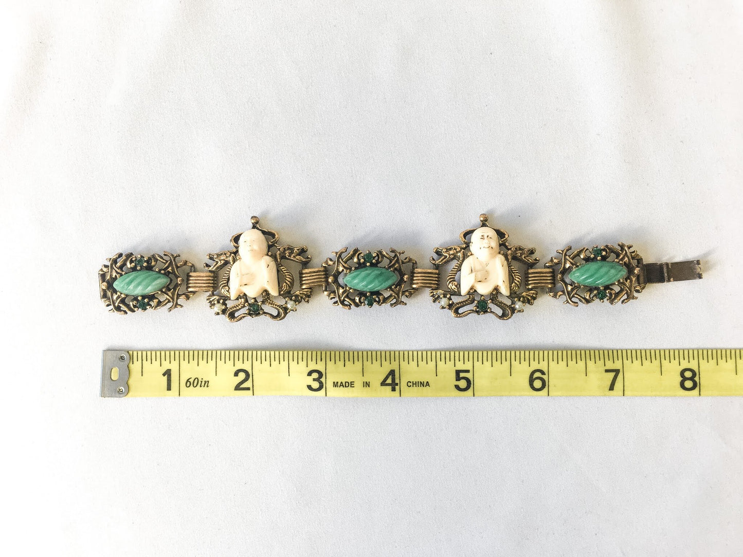 Vintage Green and White Buddha Inspired Chain Link Bracelet with Green Rhinestones and Faux Pearl, Vintage Bulky Bracelet