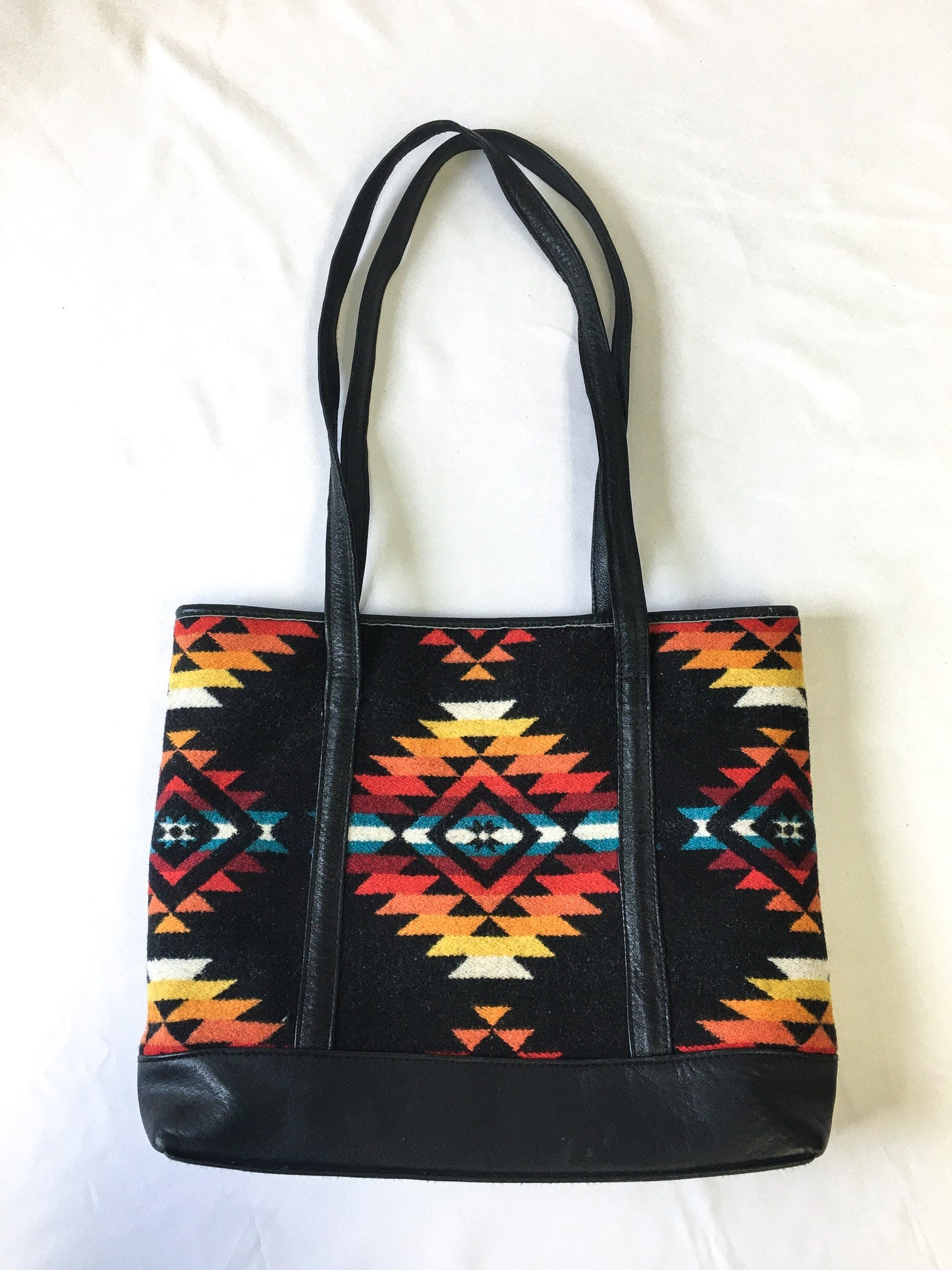 Vintage Pendleton Wool Black & Rainbow Geometric Print Small Shoulder/Tote Bag, Vintage Western Purse